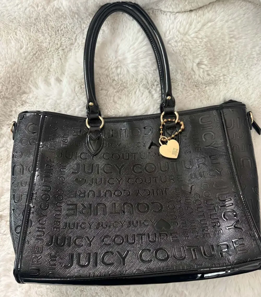 Y2K Juicy Couture Black Debossed Logo Satchel Handbag with Heart Lock Charm